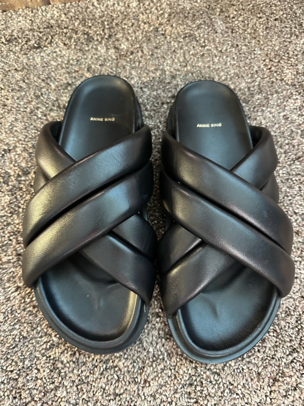 ANINE BING Black Leather Lizzie Slides Puffy Criss Cross Sandals EU 38 US 8 - Picture 4 of 9